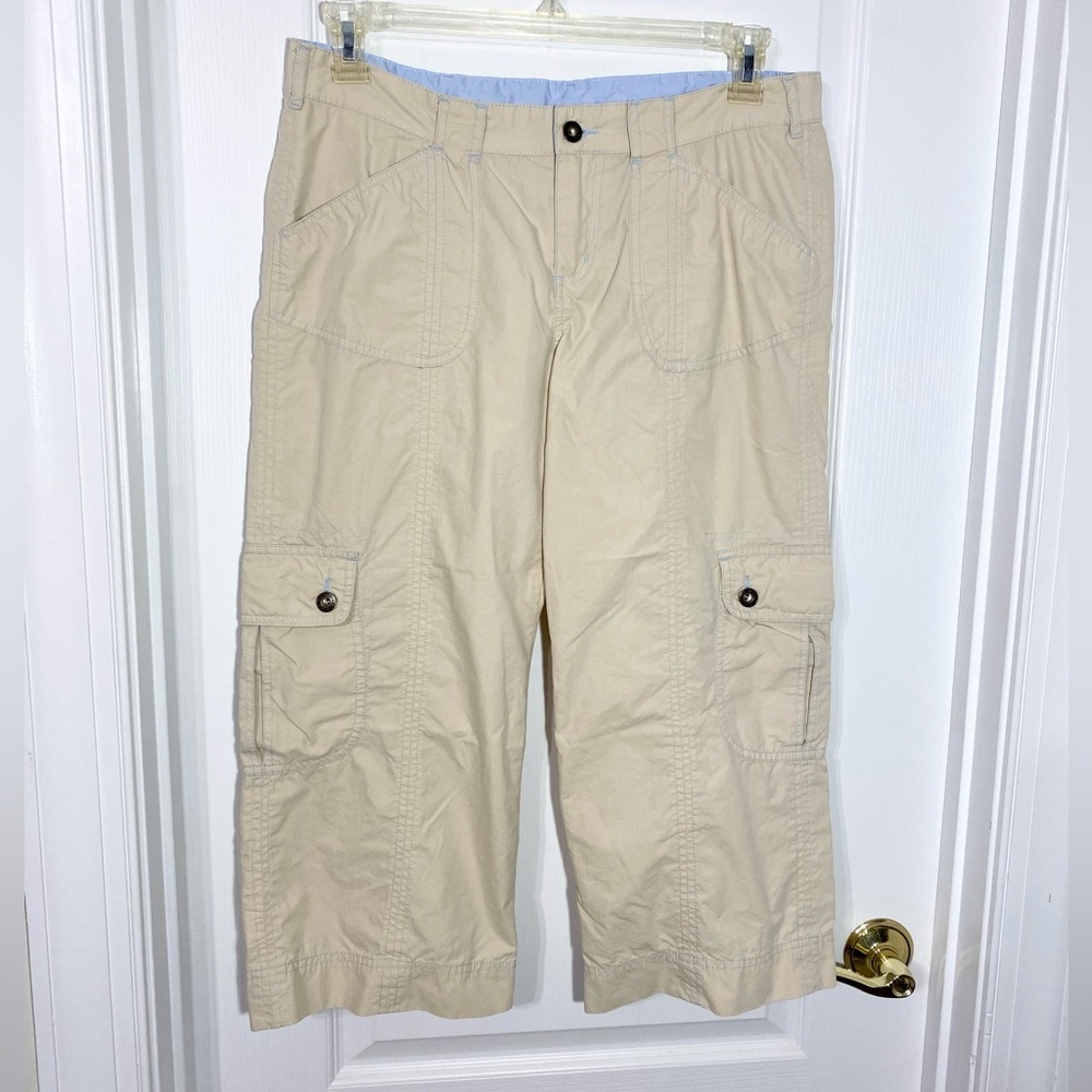 Y2K VTG Prana Cargo Contrast Stitch Wide Leg Capri Pants Tan Blue Size 8